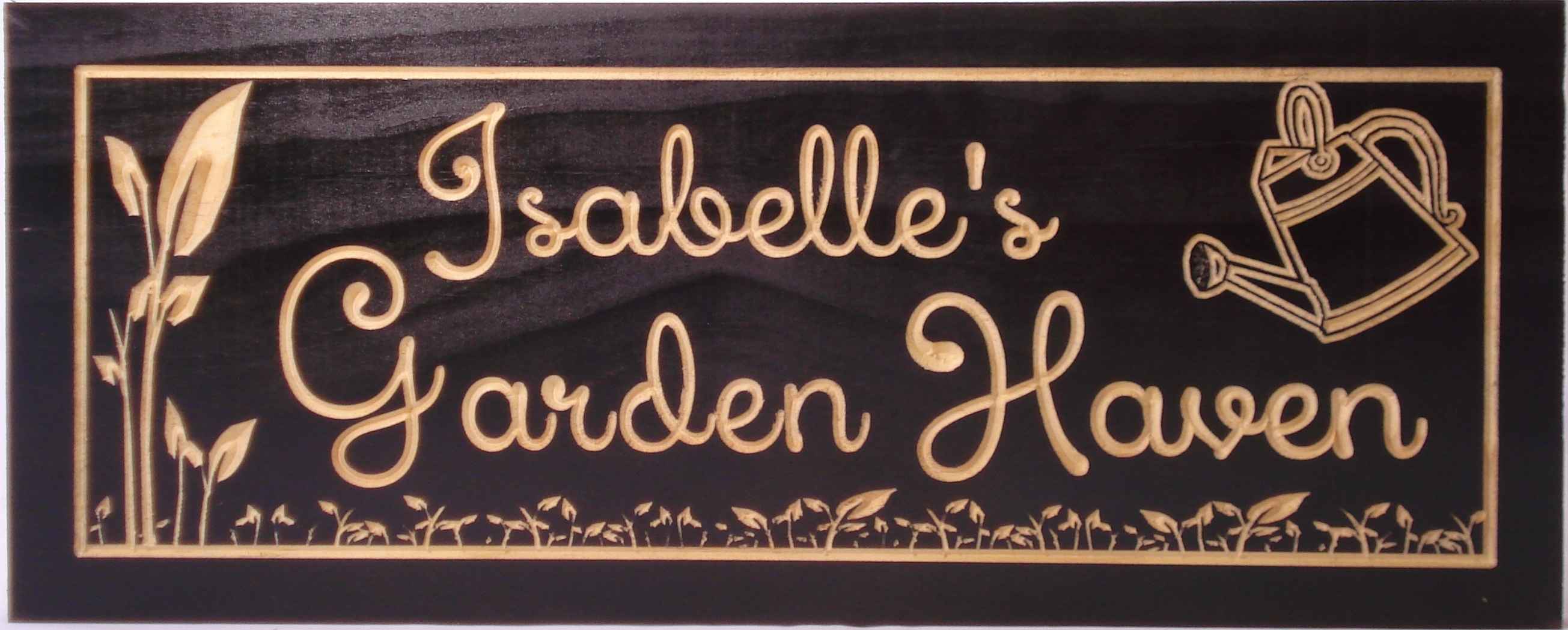 Garden Sign with Watering Can and Seed Sprouts: benchmarksignsandgifts.com